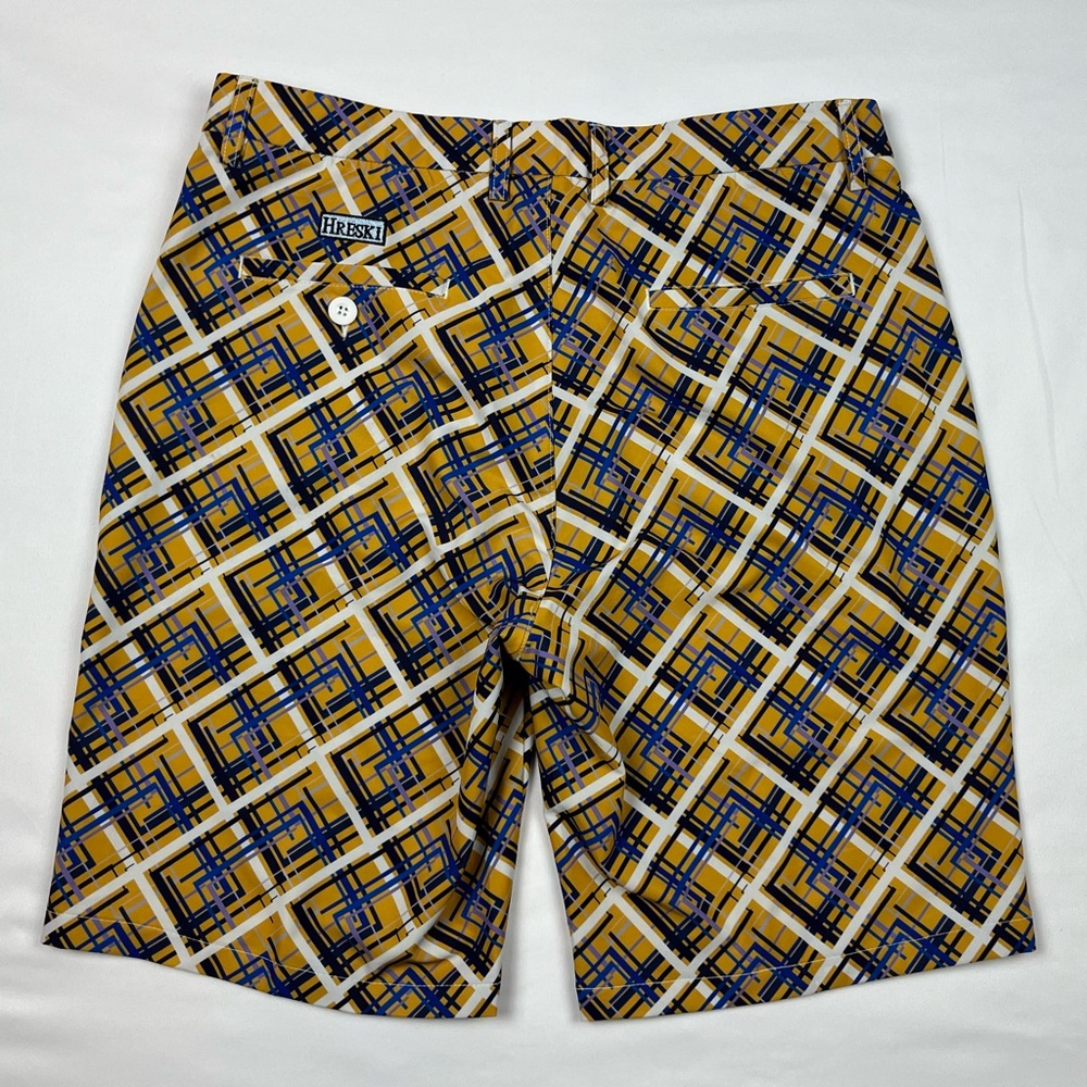 Hreski Mens Golf Shorts Sz 34 Diamond Plaid Yellow/Blue Crazy Stretch B1